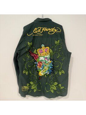 Vintage Y2K Ed Hardy by Christian Audigier Skull Dragon Button Up Shirt XL Green